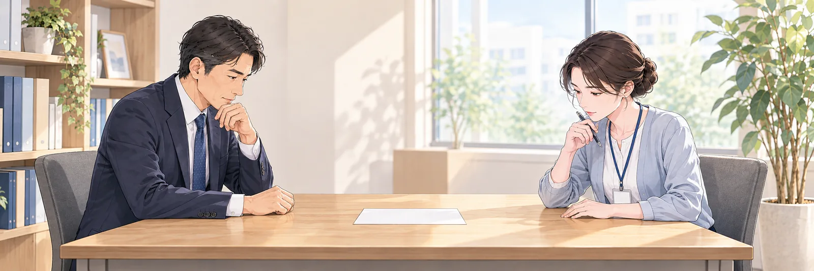 静かなオフィスで、木の机をはさんで経営者と社員が1枚の書類を前にじっくり話し合っている様子