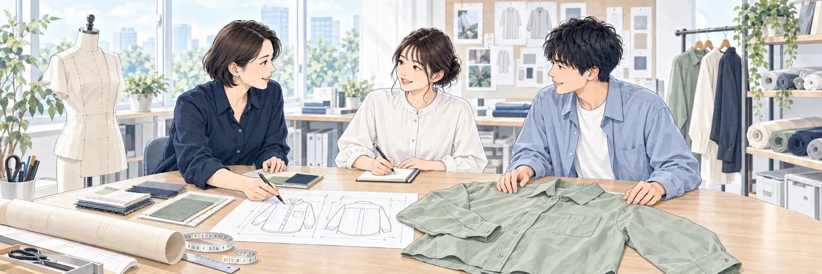 アパレル企業の企画室で、社員と若手2名がデザイン画・型紙・生地見本を前に打ち合わせをしている様子