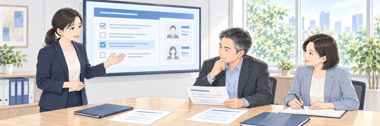 会議室で、採用担当者が画面の資料を示しながら、着席した2名に説明している様子