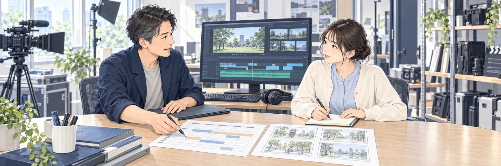 映像制作会社の編集室で、先輩スタッフが若手に撮影スケジュールと絵コンテを見せながら説明している様子