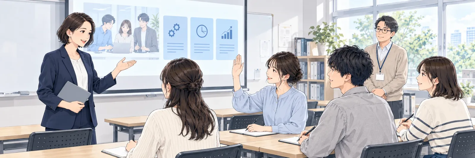 専門学校の教室で、企業の担当者が学生に説明し、学生が挙手している様子