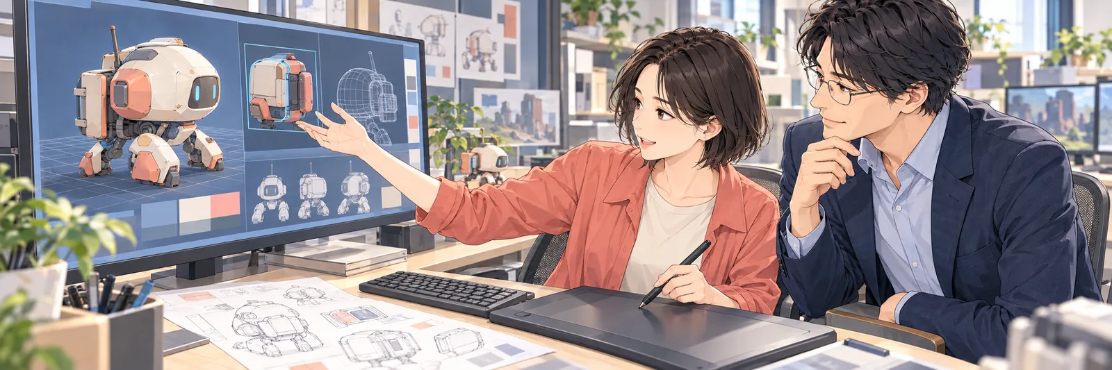 ゲーム会社の打ち合わせスペースで、学生がモニターの3DCG制作画面を指しながら説明し、採用担当者が聞いている様子