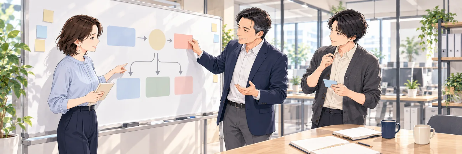 会議室のホワイトボードの前で、経営者と社員2名が図を見ながら採用の進め方を話し合っている様子