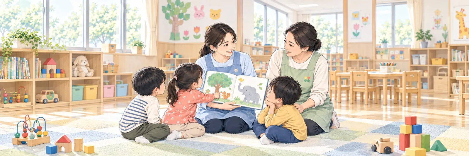 保育室で、2人の保育士が子どもたちに絵本を読み聞かせている様子