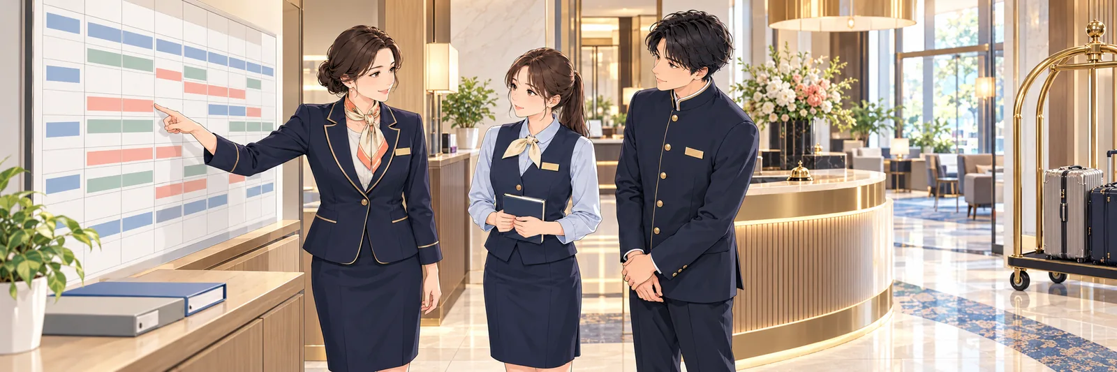 ホテルのロビーで、制服姿の先輩スタッフが若手2名に壁の月間予定表を指しながら説明している様子