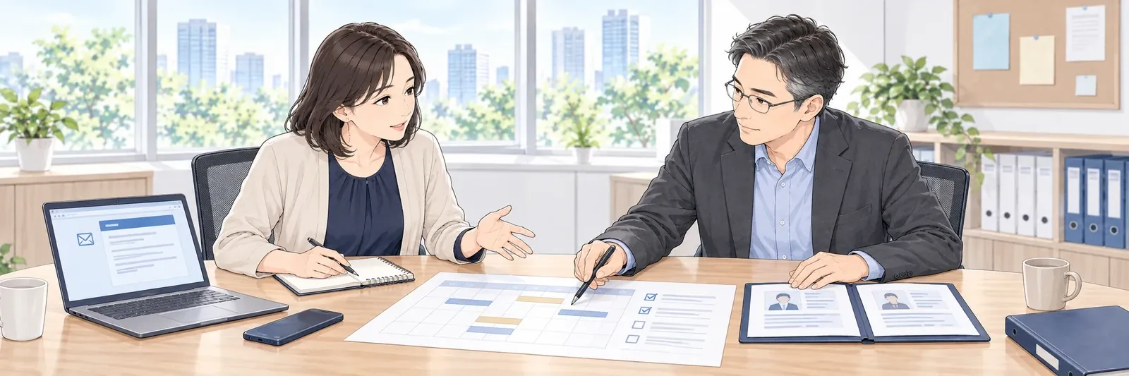 オフィスで、採用担当者2名が選考の記録と日程表を見ながら話している様子