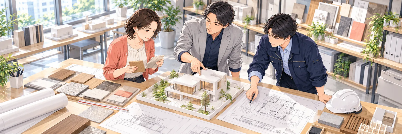 設計事務所の作業スペースで、男性社員が若手2名に建築模型を示しながら説明している様子。机には図面と素材サンプルが広げてある