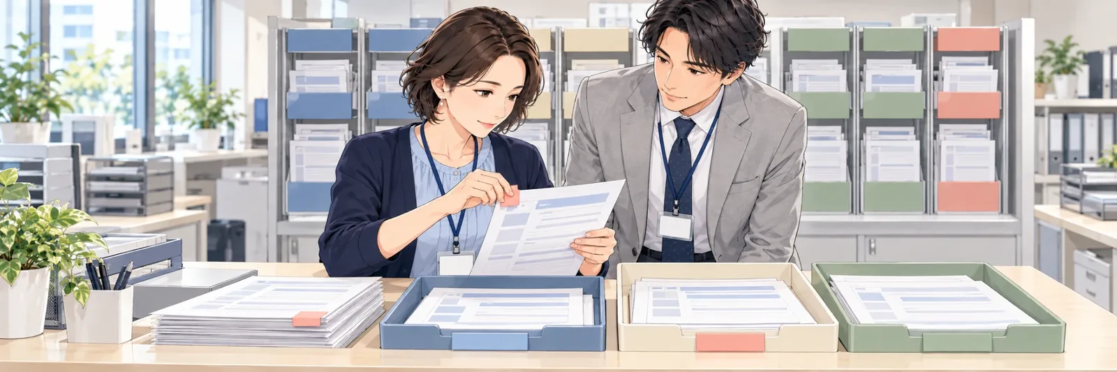 専門学校の就職課のカウンターで、職員2名が届いた求人票を確認し、付箋を貼って仕分けしている様子