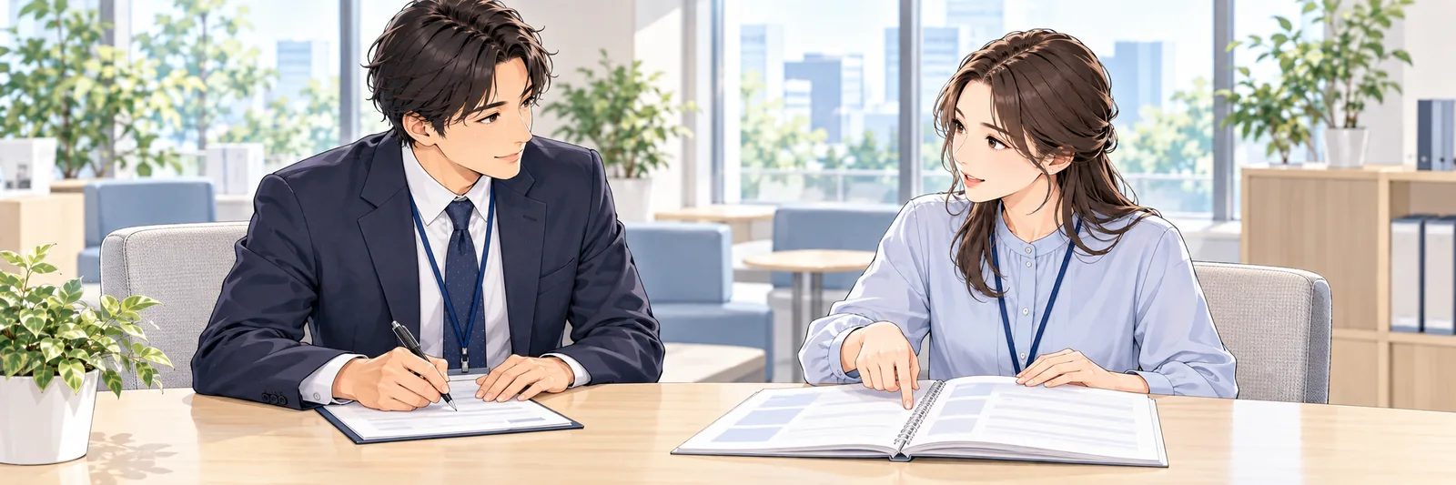 企業の面談スペースで、採用担当者が学生の話を聞きながらメモを取り、学生が持参したノートを指さして説明している様子