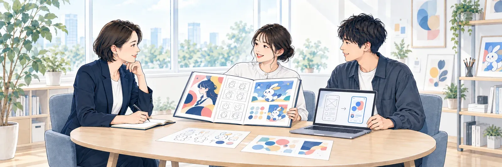 打ち合わせスペースで、採用担当者が学生の作品集とパソコンの制作画面を見ながら話を聞いている様子