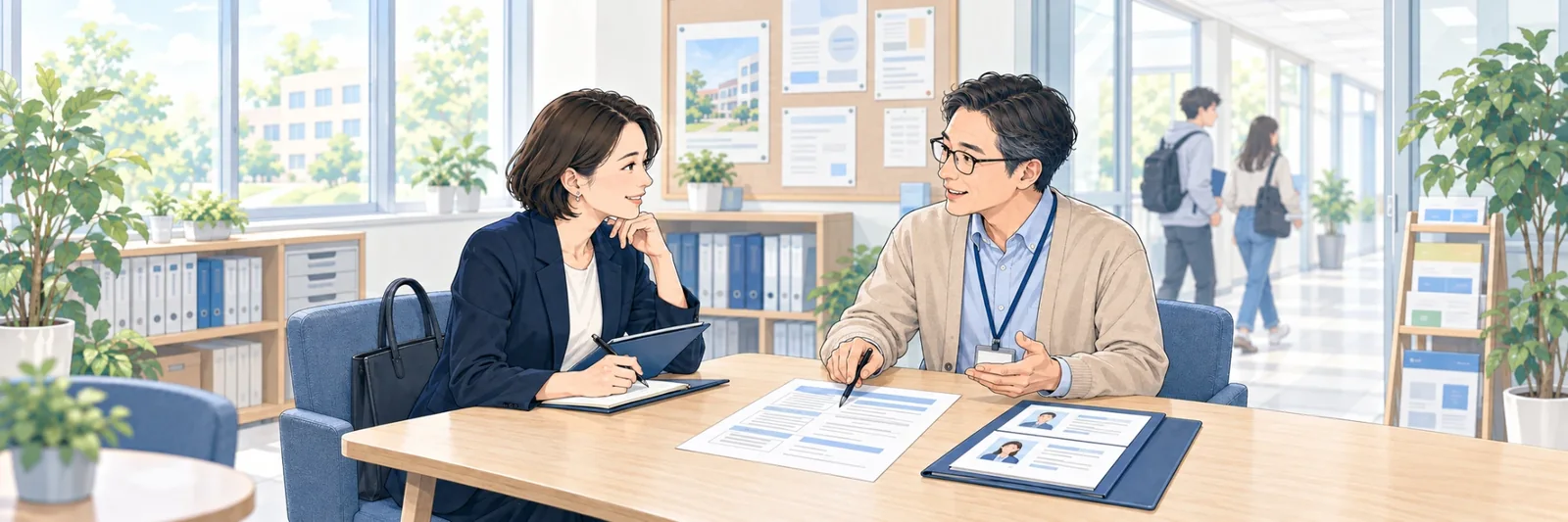 専門学校の相談スペースで、企業の採用担当者と学校の就職担当者が求人票を見ながら話している様子