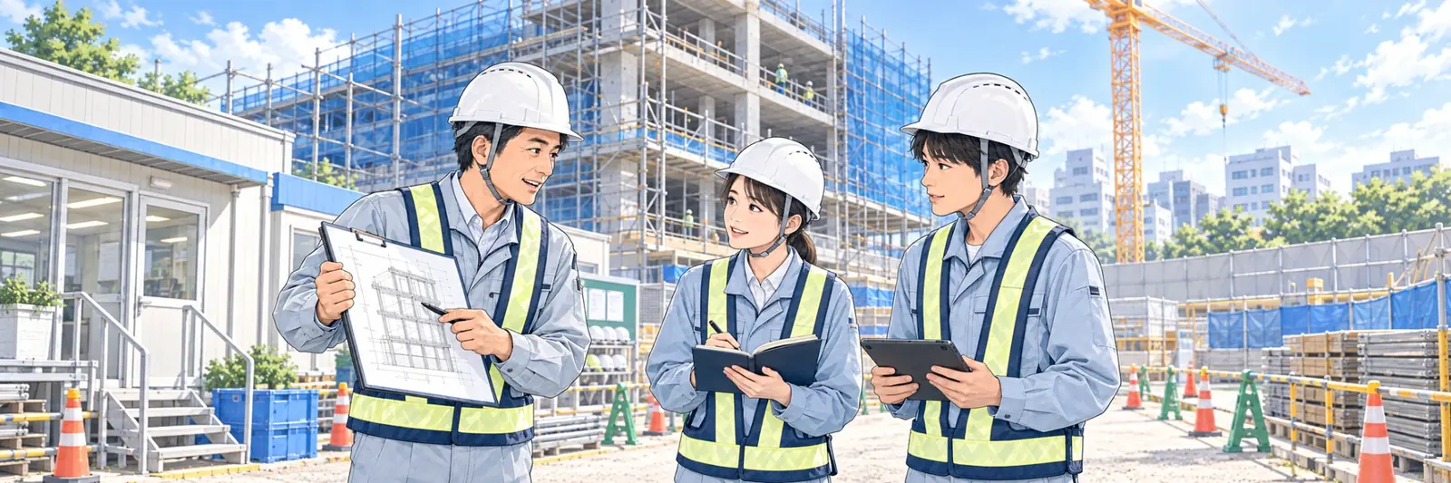 建設現場の仮設事務所前で、施工図を手にした社員が若手2名と打ち合わせをしている様子
