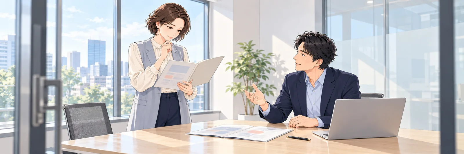 企業の会議室で、採用担当の2名がテーブルに置いた応募書類を見ながら意見を交わしている様子
