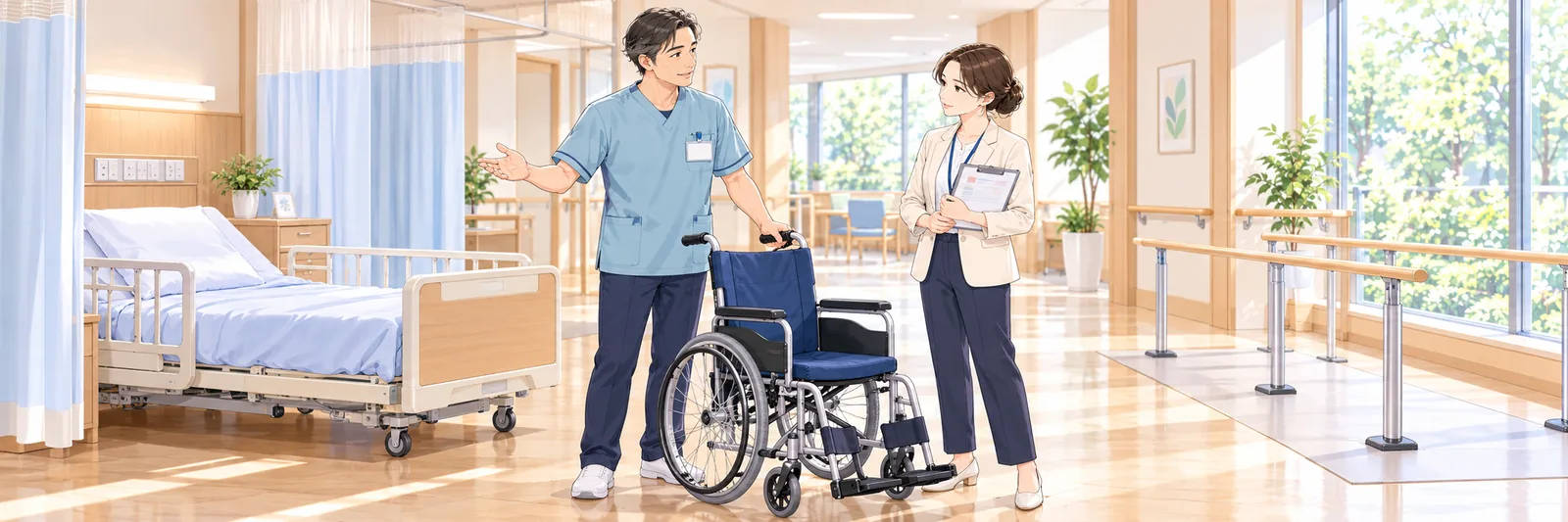 明るい介護施設の廊下で、ケアウェア姿の職員と書類を持った事務職員が話している様子