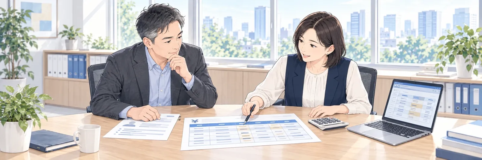 会議室で、人事担当者2名が給与のテーブル資料と電卓を前に相談している様子