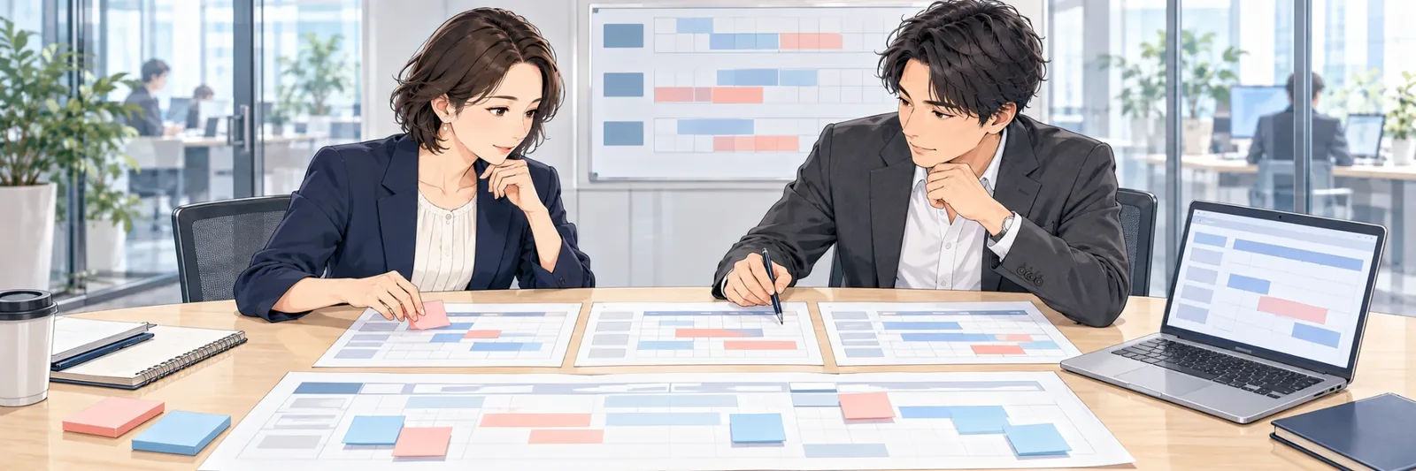 オフィスで、採用担当者2名が年間スケジュール表と付箋を前に、採用の時期を検討している様子