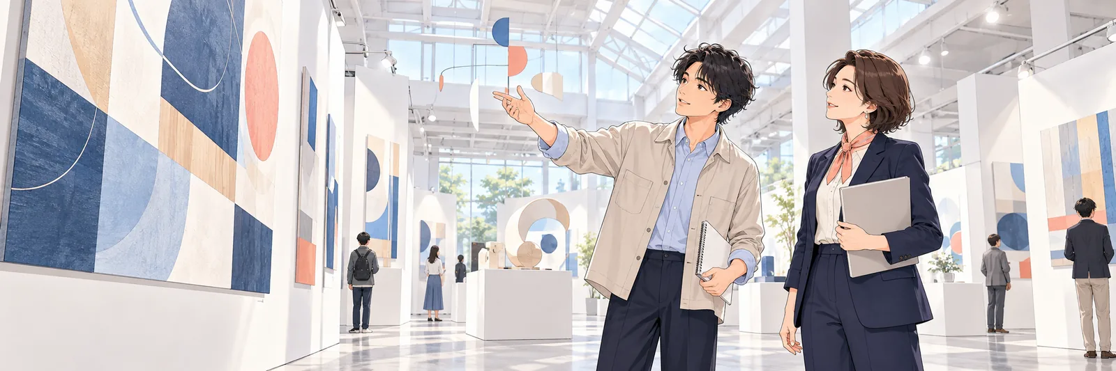 天井の高い明るい展示会場で、スーツ姿の企業担当者が学生の説明を聞きながら作品パネルを見上げている様子