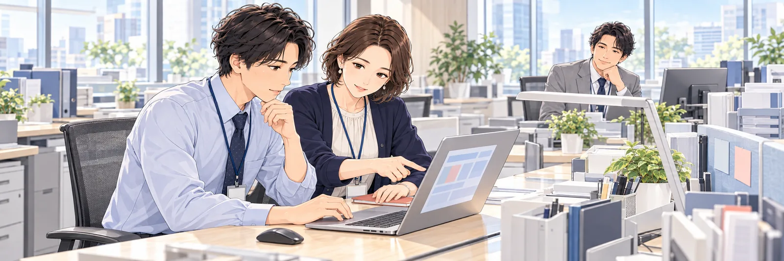 オフィスで、先輩社員が新入社員の隣に座ってノートパソコンの画面を指しながら教え、少し離れた席から上司が様子を見ている様子